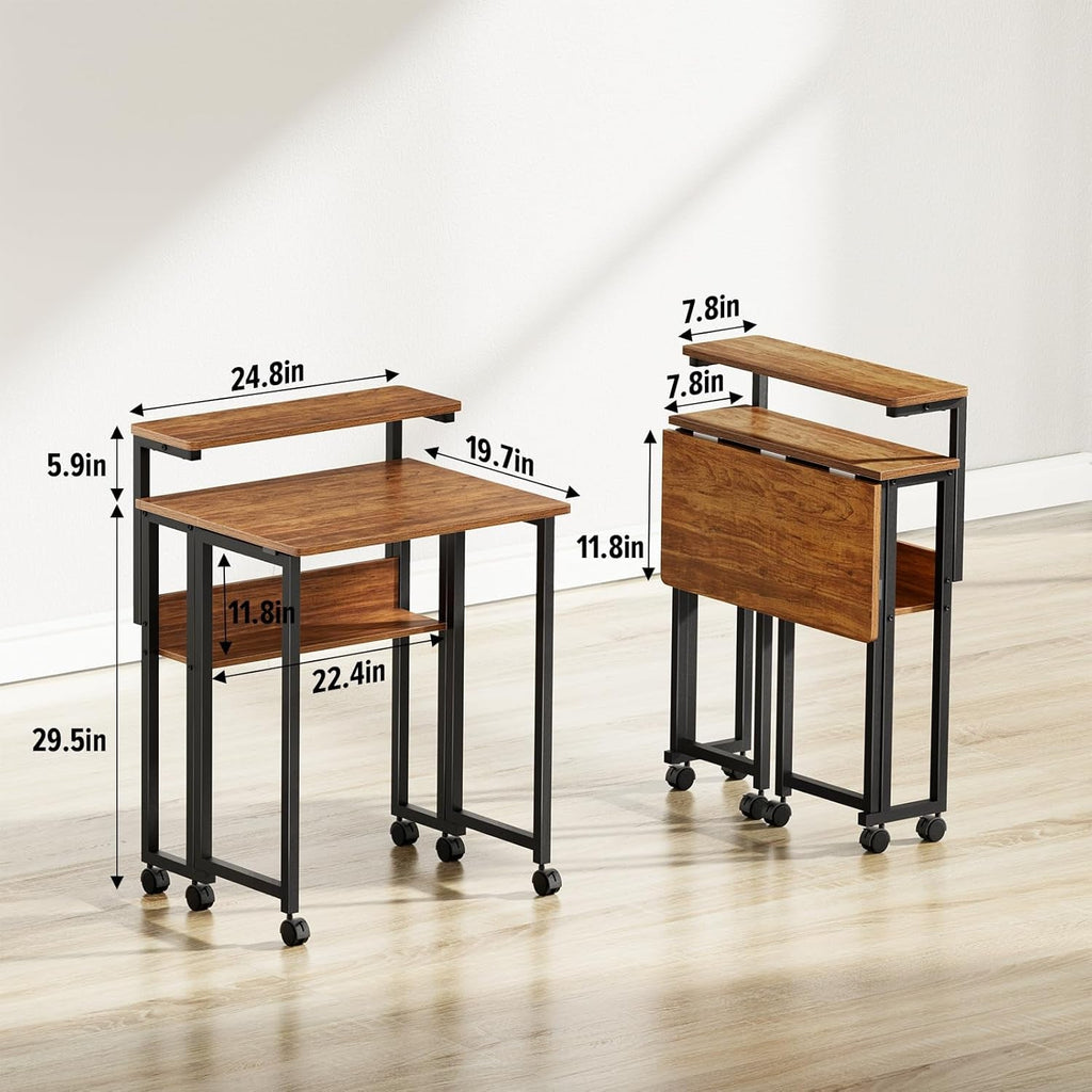 Walnut foldable desk with adjustable monitor stand, storage shelf, and lockable caster wheels. — view 3
