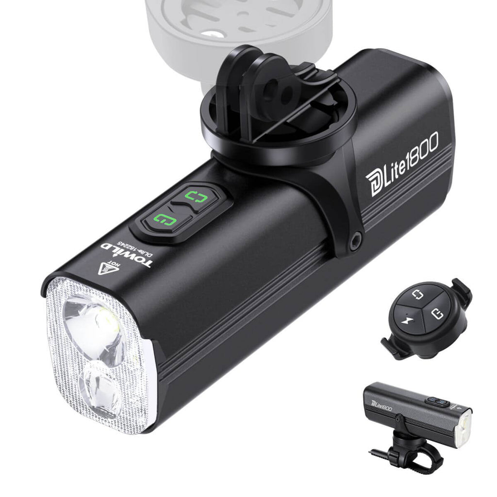 Towild DLite 1800 lumens rechargeable bike front light mounted on a black bicycle handlebar — view 2