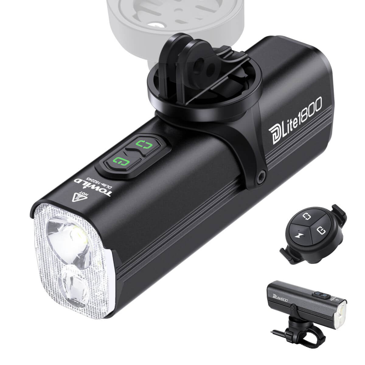 Towild DLite 1800 lumens rechargeable bike front light mounted on a black bicycle handlebar — view 2