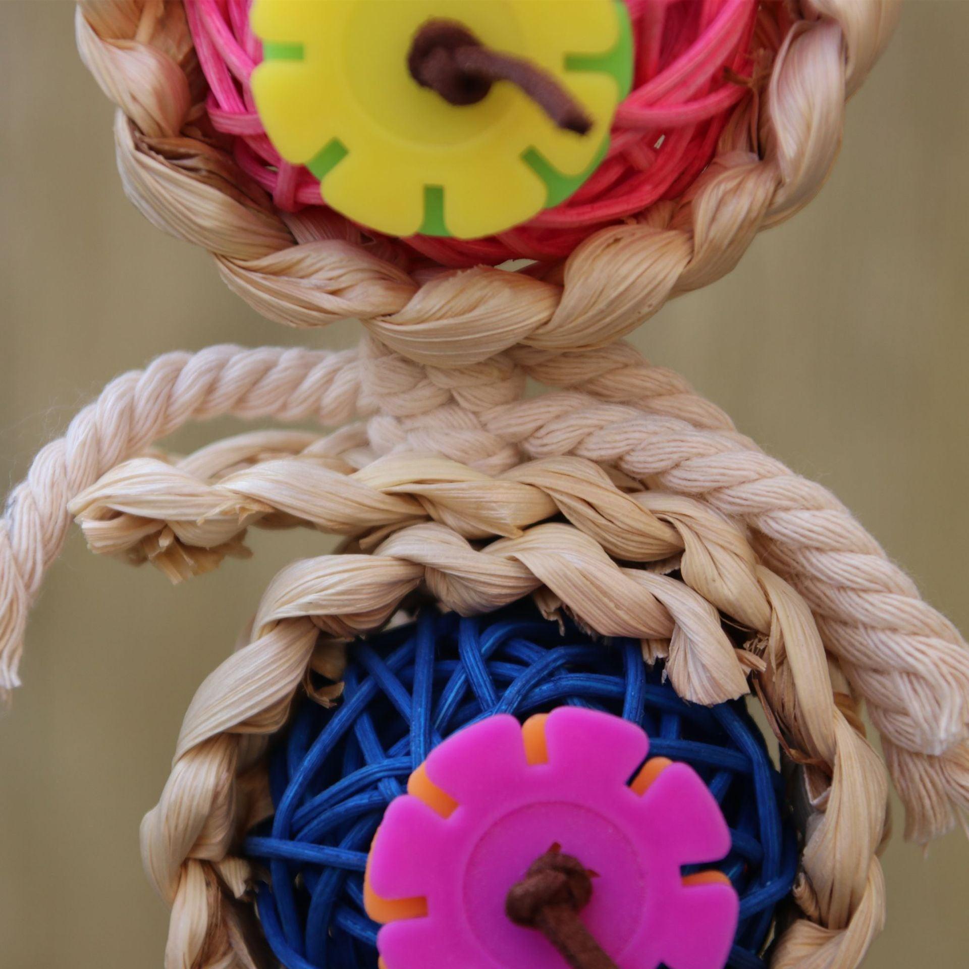 Natural vine twist rope parrot toy made of wood, luffa sponge, and rattan with metal hanger — view 3
