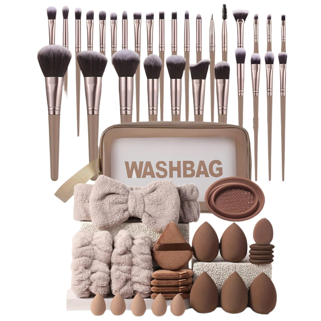 Coffee colored 55 piece makeup brush set with blending sponges puffs and travel bag