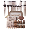 Coffee colored 55 piece makeup brush set with blending sponges puffs and travel bag