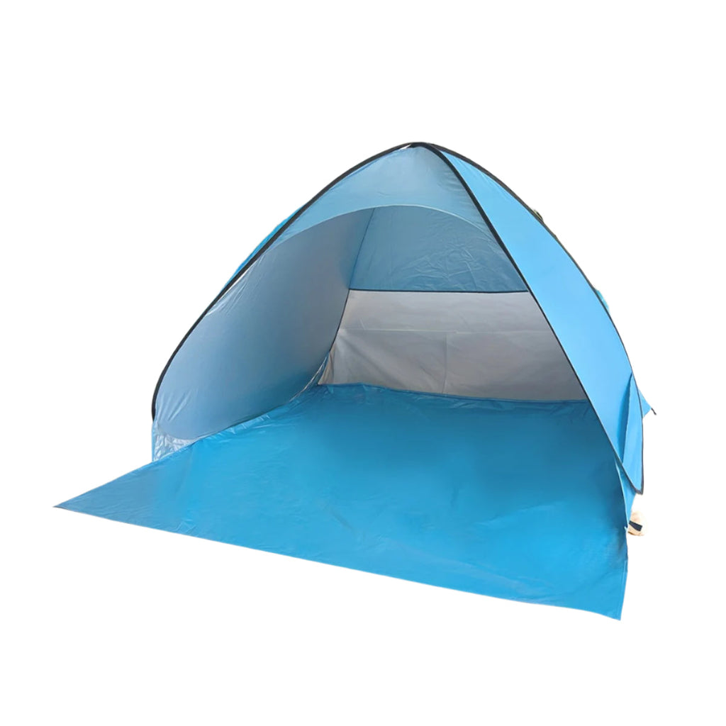 Blue automatic pop up beach tent with zippered closure and carrying bag for outdoor sun protection
