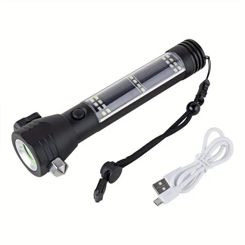 Black multi-functional 5-in-1 solar power LED flashlight with survival compass, hammer, and seatbelt cutter.