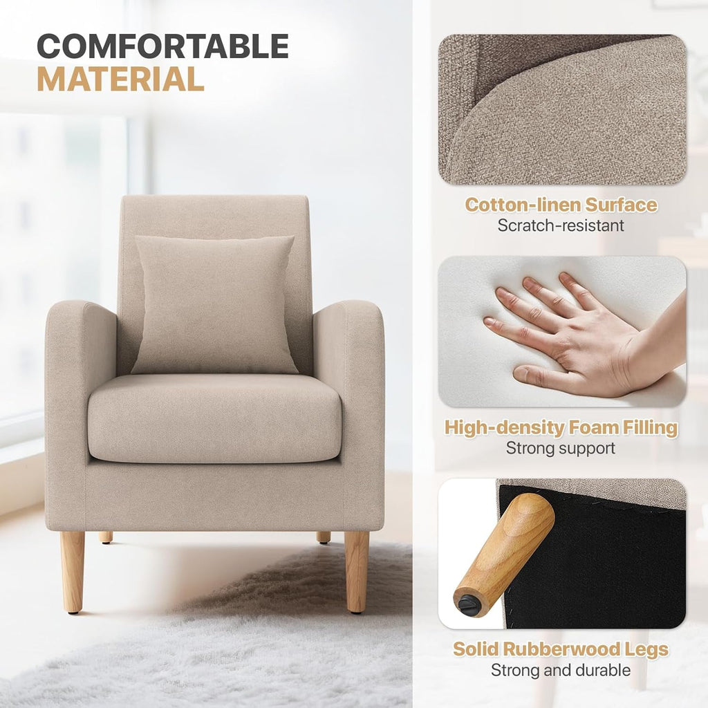 Beige upholstered contemporary accent chair with rubberwood legs and a cushioned lumbar support pillow. — view 5