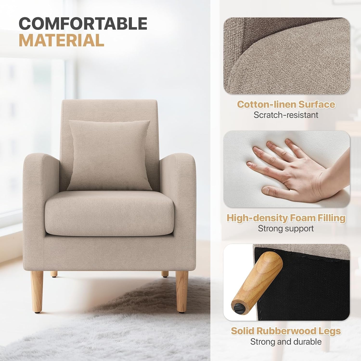 Beige upholstered contemporary accent chair with rubberwood legs and a cushioned lumbar support pillow. — view 5