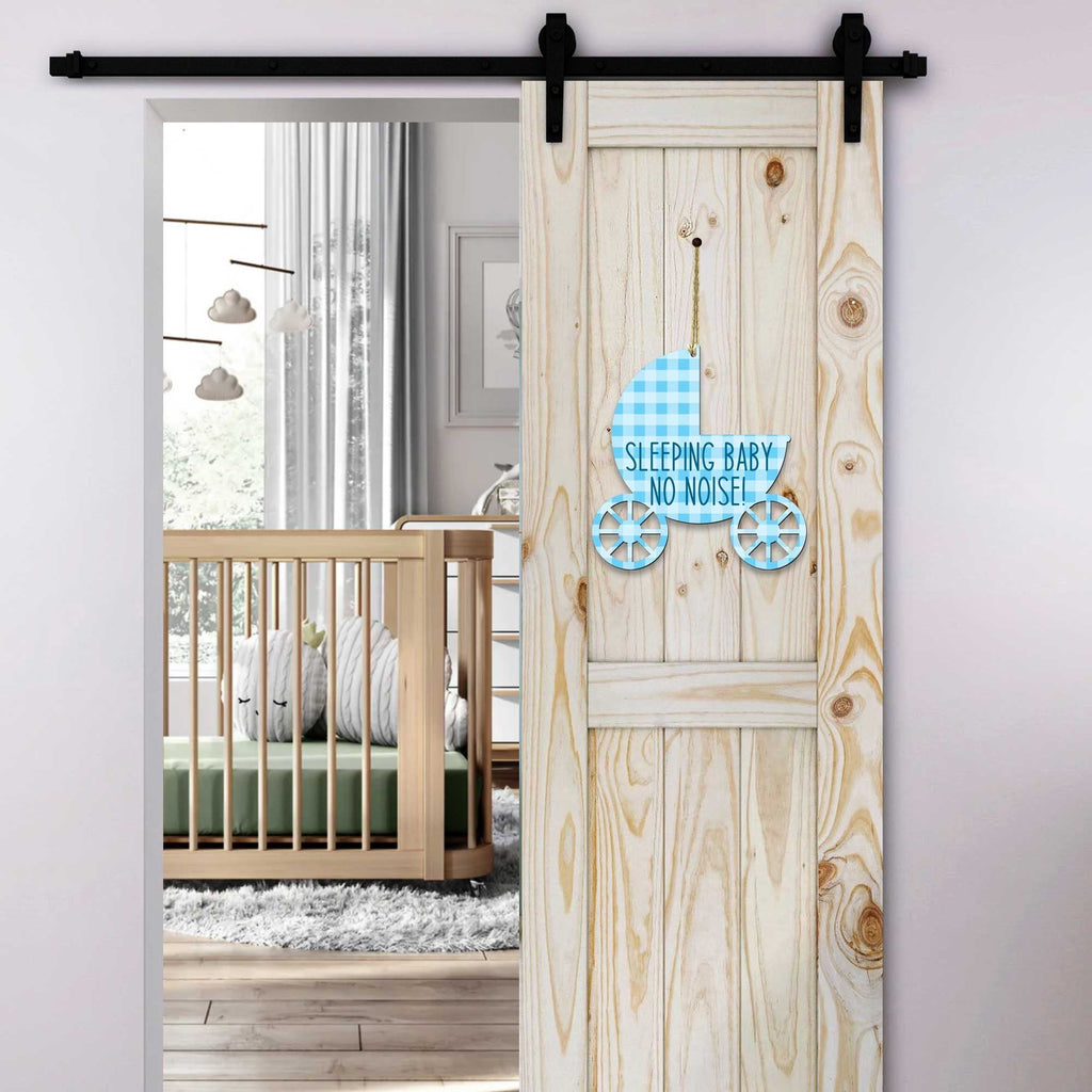 Handcrafted sleeping baby carriage doorbell sign with rustic hanging rope for front doors and nurseries — view 2