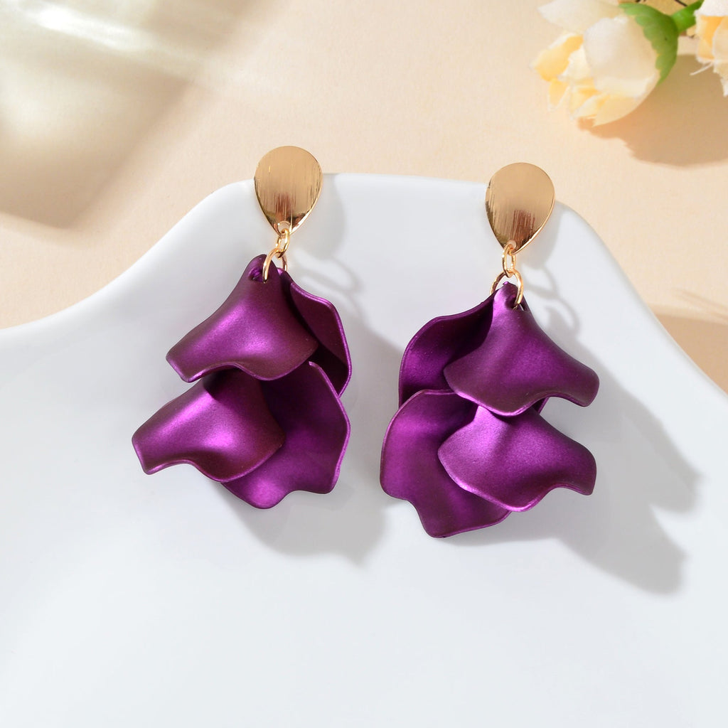 Elegant flower petal dangle earrings for women in shiny metal for daily and party wear — view 3