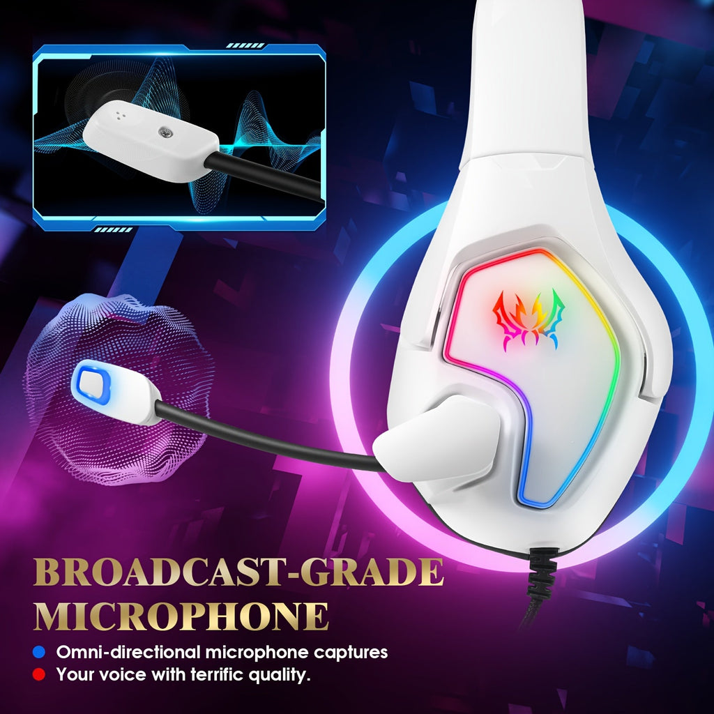 White NNETM gaming headset with RGB lighting, flexible microphone, and plush over-ear earmuffs — view 3
