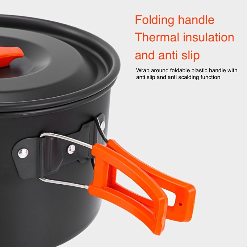 Ultra-light aluminum camping cookware set featuring orange accents, pots, pans, and a matching kettle. — view 4