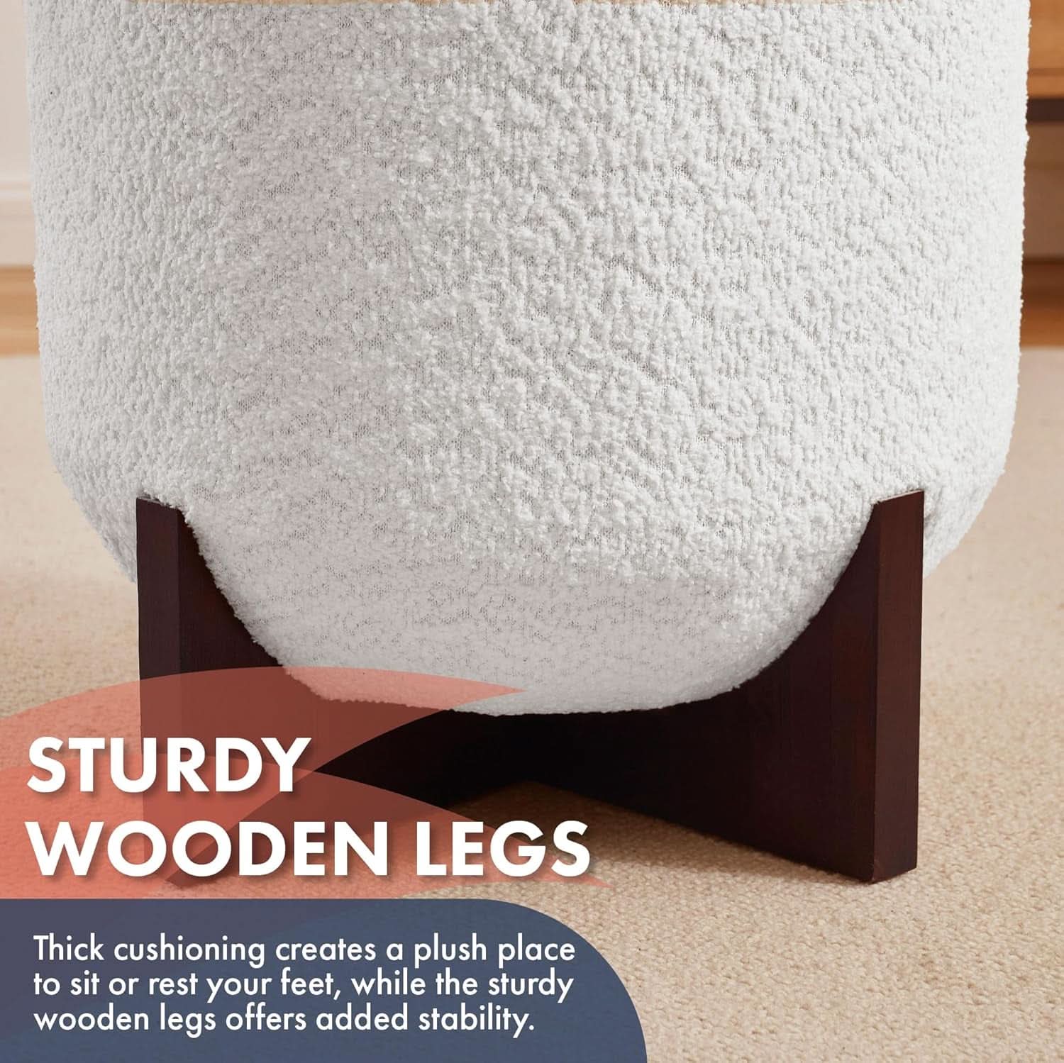 White round boucle fabric ottoman with wooden legs and concealed storage compartment for living rooms — view 5