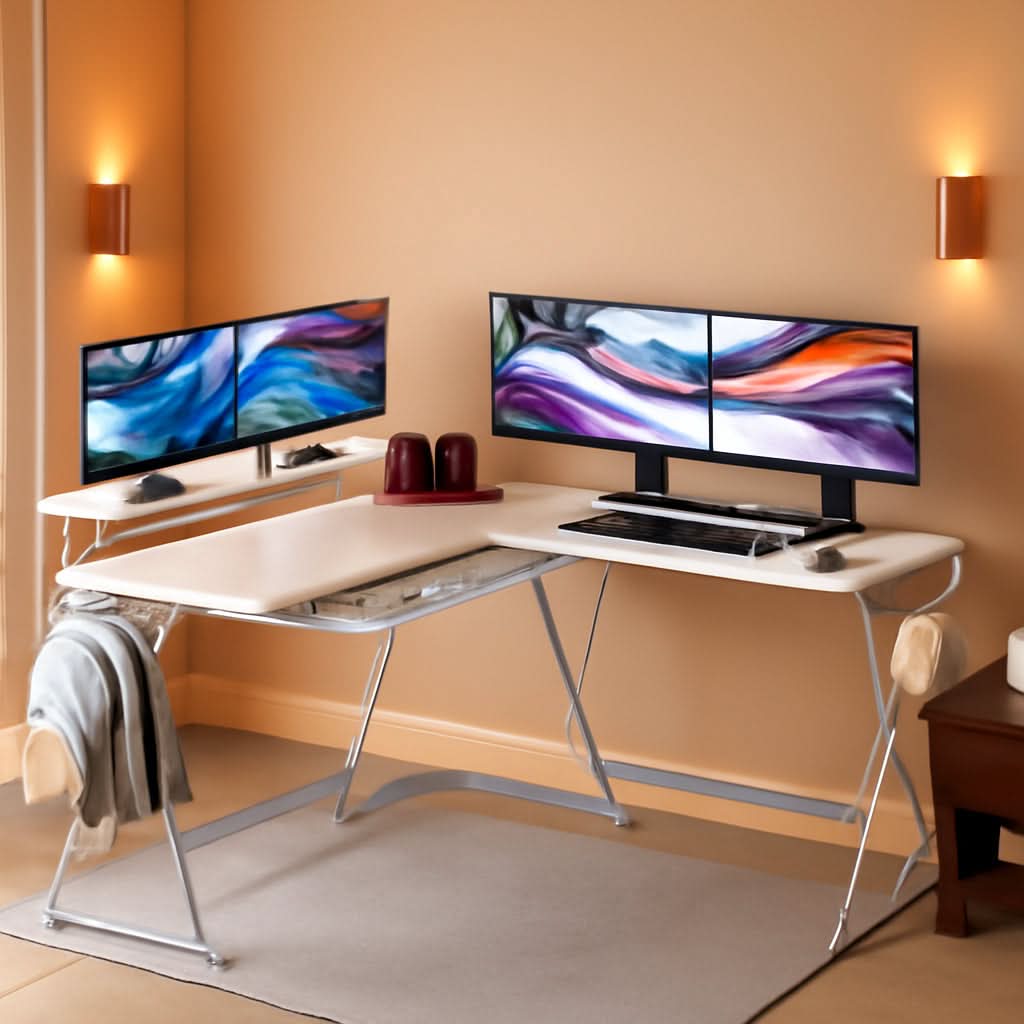 White Vista L-shape corner desk with monitor stand, sliding drawer, and Z-shaped steel frame