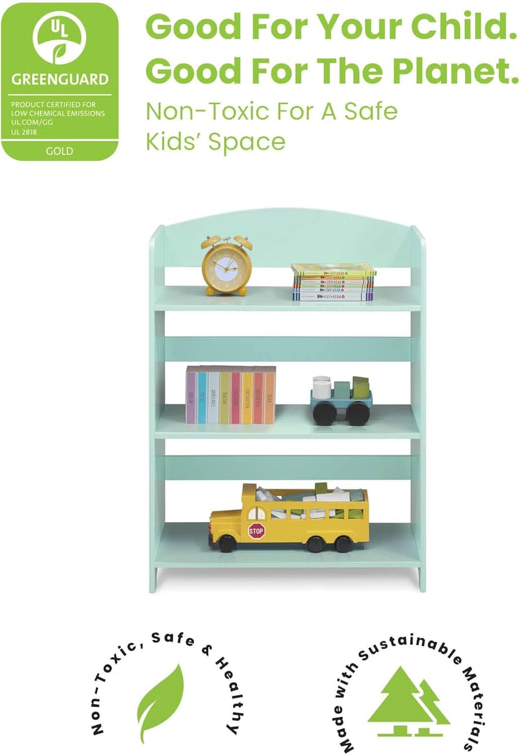Mint green kids wooden bookshelf with three open tiers for playroom and nursery organization — view 4