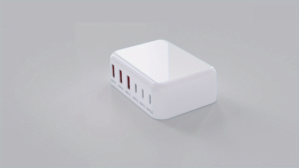 100W 6-port USB-C fast charger showing three Type-C and three USB-A connection slots for devices — view 5
