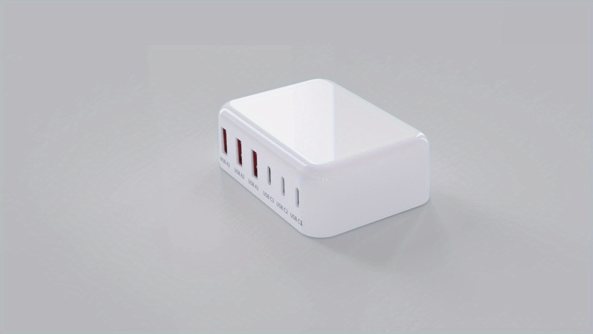 100W 6-port USB-C fast charger showing three Type-C and three USB-A connection slots for devices — view 5