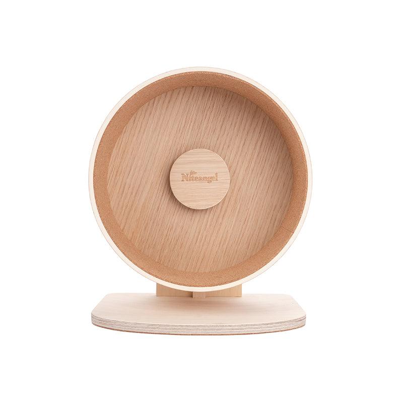 Whispering Woodland Hamster Wheel in natural wood finish with two protective cork running pads