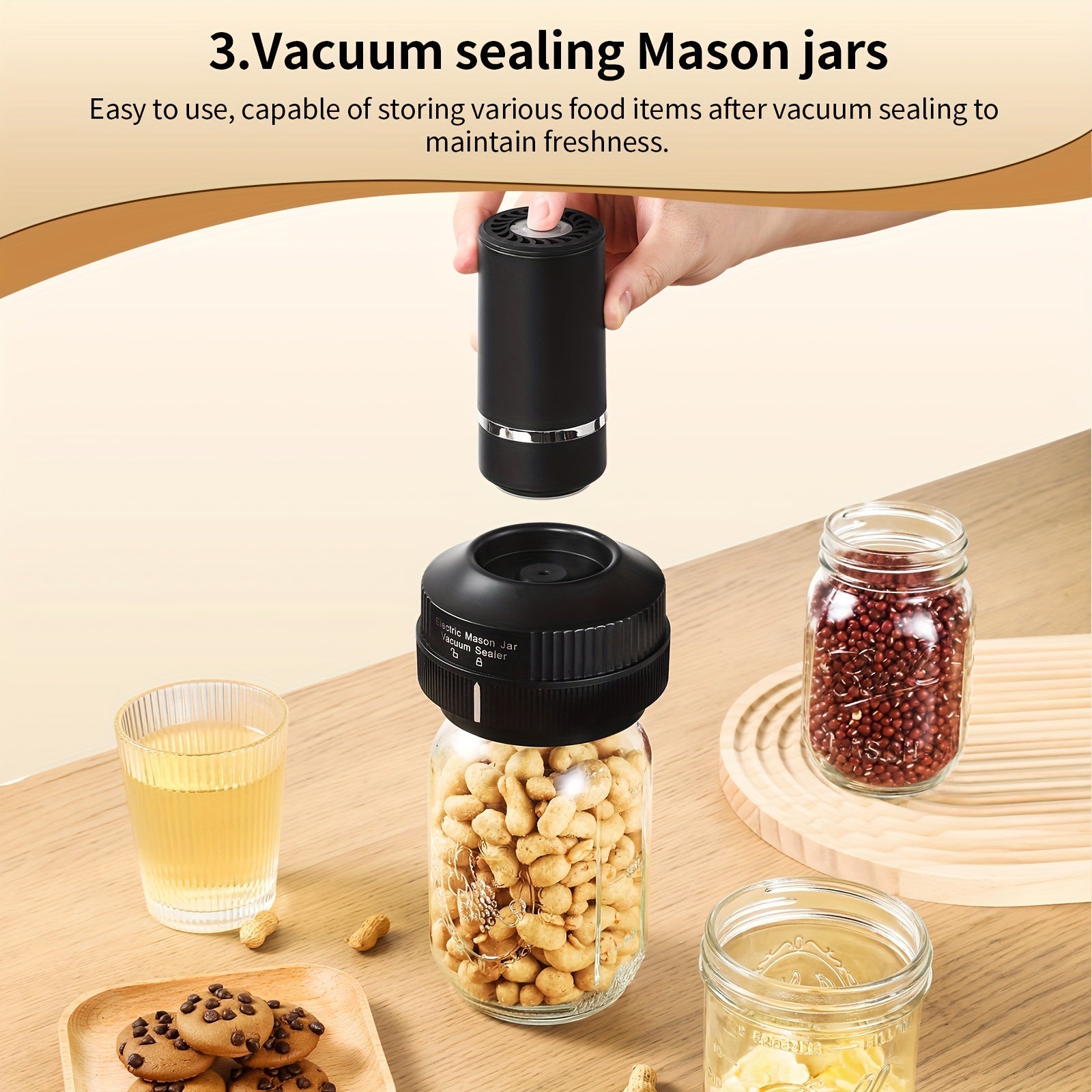 Black wireless mason jar vacuum sealer kit with USB charging cable and wine stoppers — view 4