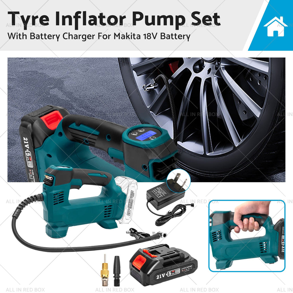 Cordless portable tyre inflator pump with digital display, battery, charger, and multiple valve adapters