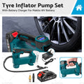 Cordless portable tyre inflator pump with digital display, battery, charger, and multiple valve adapters