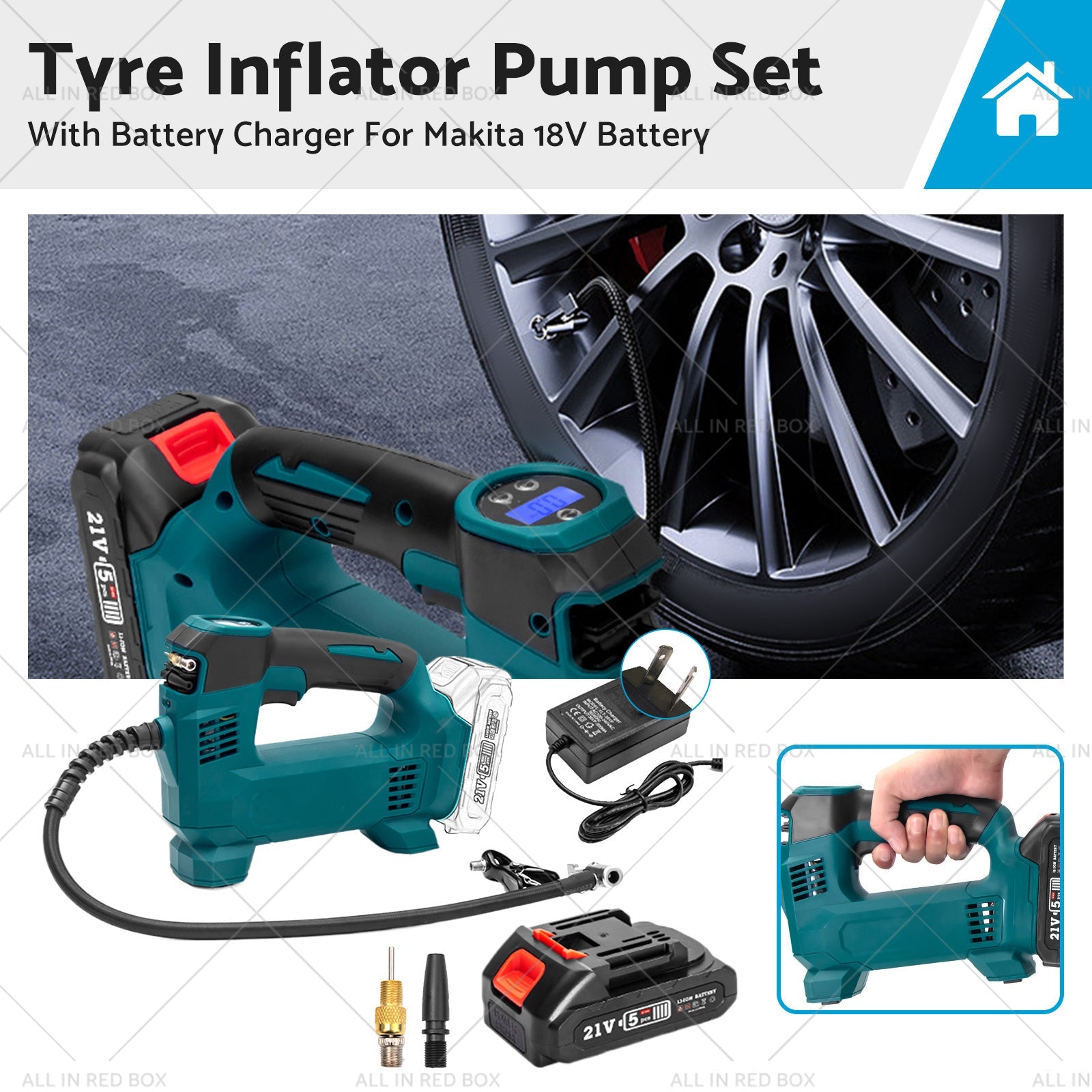 Cordless portable tyre inflator pump with digital display, battery, charger, and multiple valve adapters