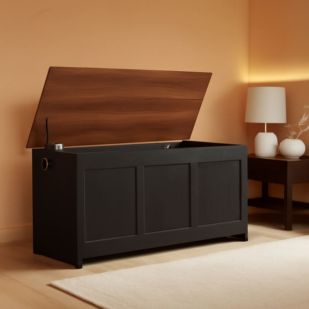 39-inch walnut storage bench with lift-top lid, striped front panel, and metal handles