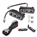 Black aluminum 3-LED daytime running lights with cool white beams and adjustable mounting brackets