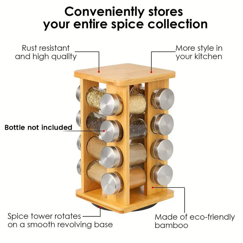 Burlywood natural bamboo revolving 16-jar spice rack organizer for kitchen countertops — view 3