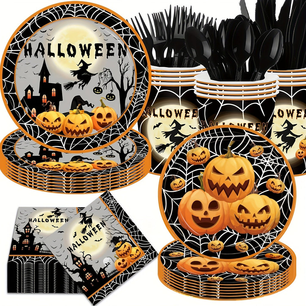 140-piece Halloween party dinnerware set with matching disposable paper plates, cups, napkins, and plastic cutlery. — view 2