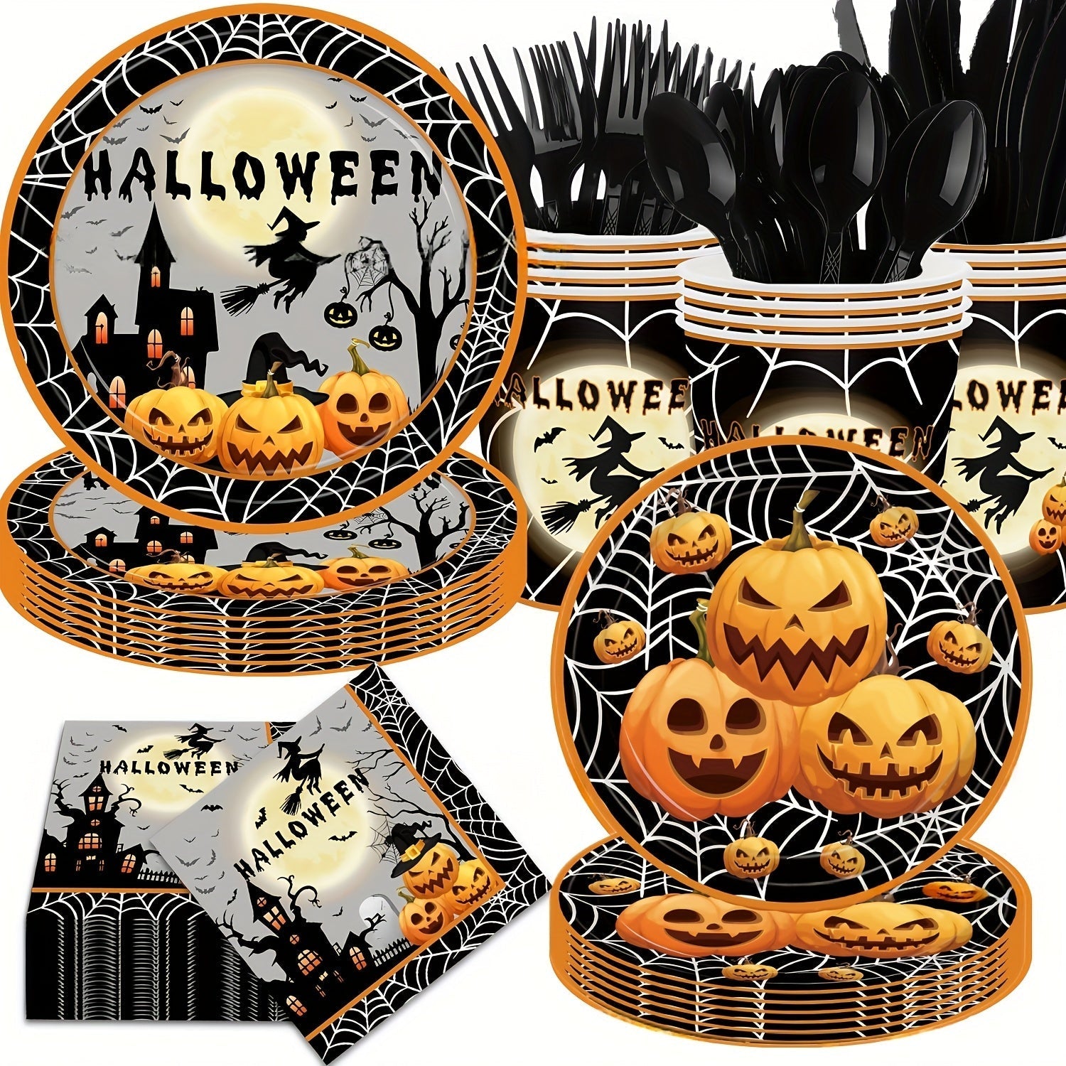 140-piece Halloween party dinnerware set with matching disposable paper plates, cups, napkins, and plastic cutlery. — view 2