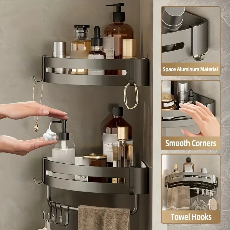 Three tier matte black aluminum corner bathroom shelf with non-drill adhesive mounting — view 3