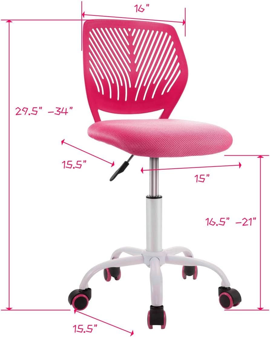 Rose pink adjustable kids desk chair with lumbar support, armless design, and swivel caster wheels — view 3