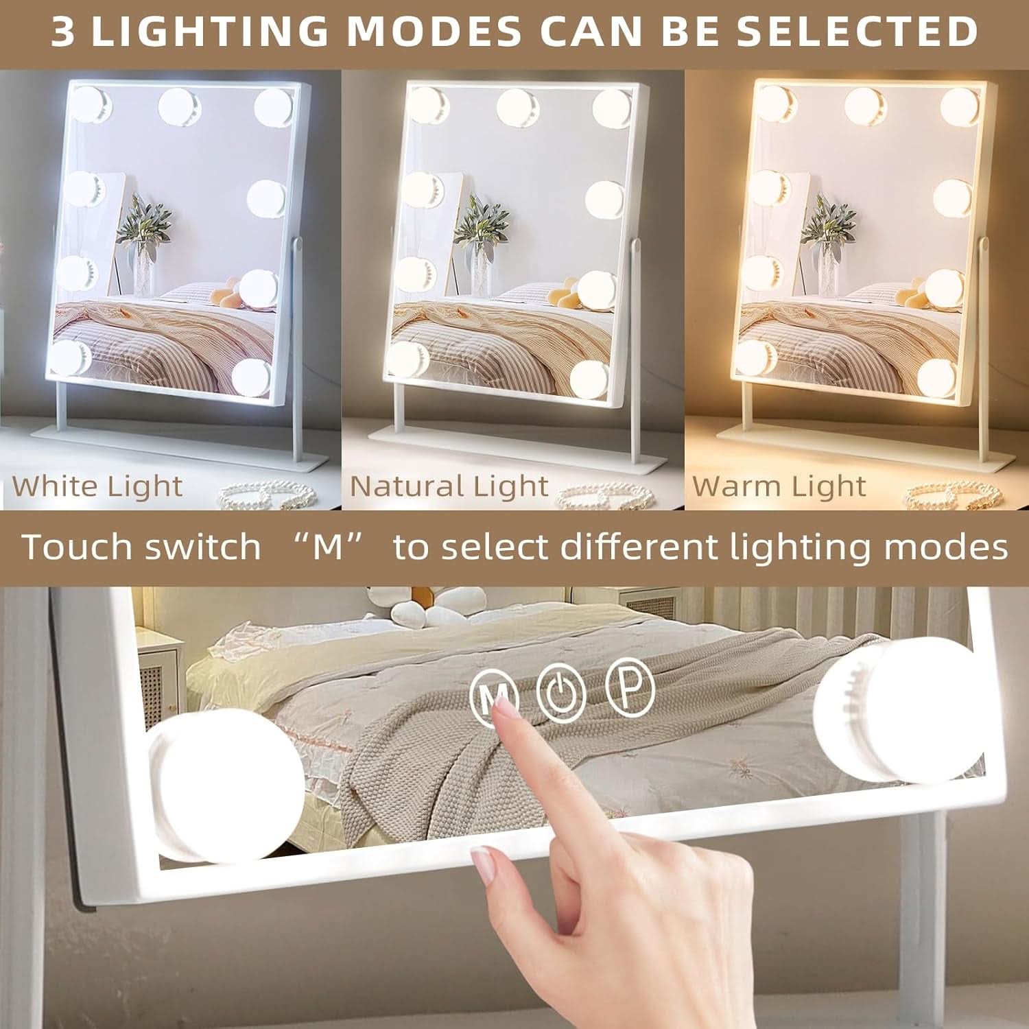 Lighted 12x10 tabletop vanity mirror with 9 LED bulbs, aluminum frame, and 10x magnifying attachment — view 3