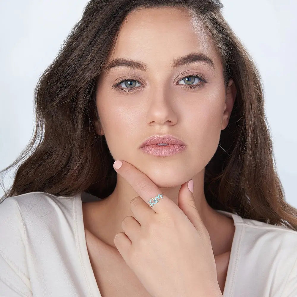 Personalized 925 sterling silver name ring featuring a sparkling Swarovski stone in an elegant custom design — view 5