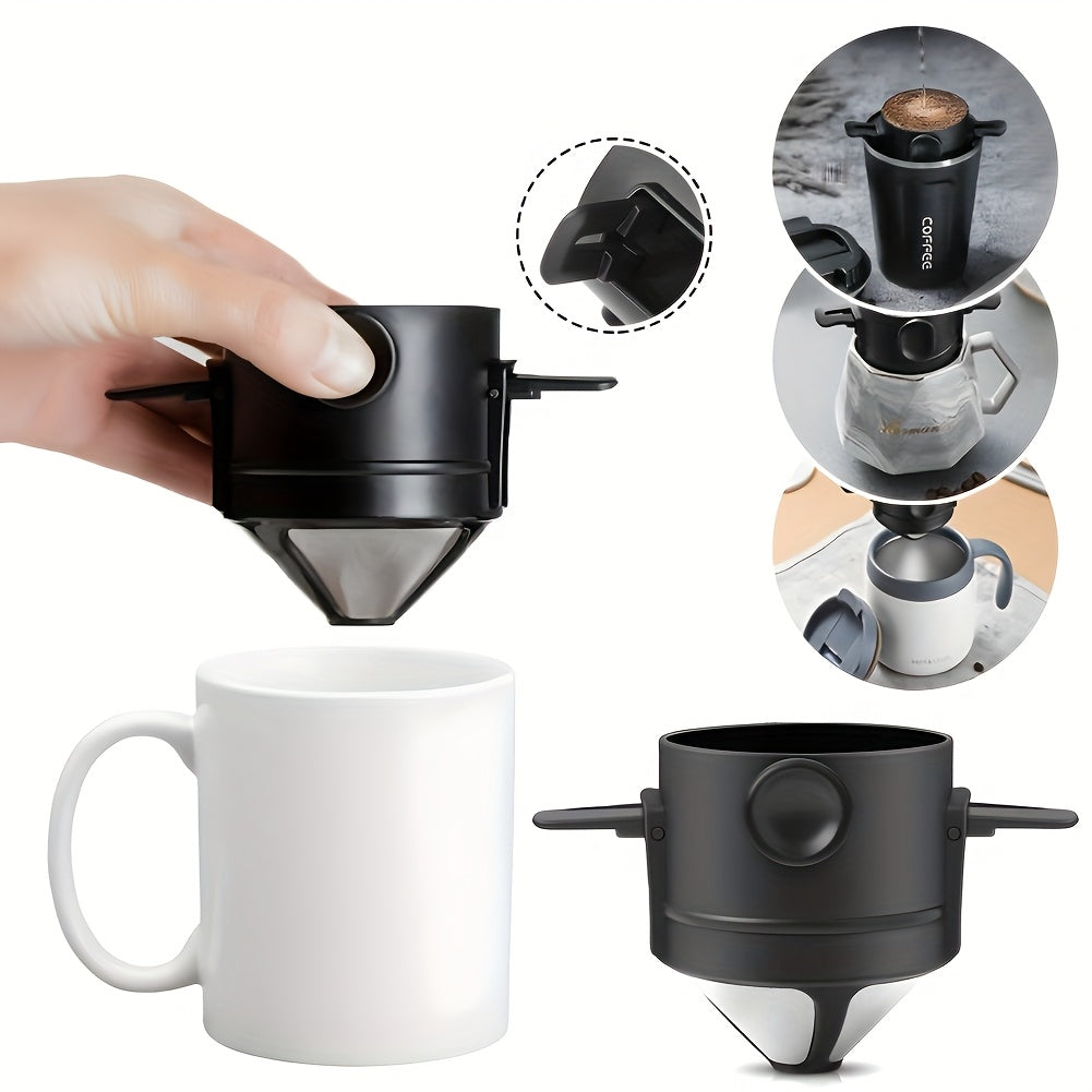Portable stainless steel pour-over coffee dripper with folding ears and double layer fine mesh filter — view 3