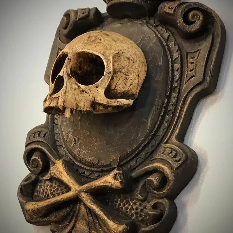 Vintage gothic skull head wall hanging pendant made of intricately carved durable beige resin — view 3