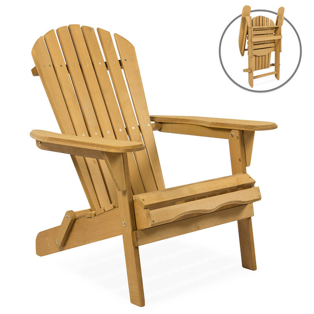 Wooden folding garden chair in natural finish for outdoor patio and indoor terrace seating.