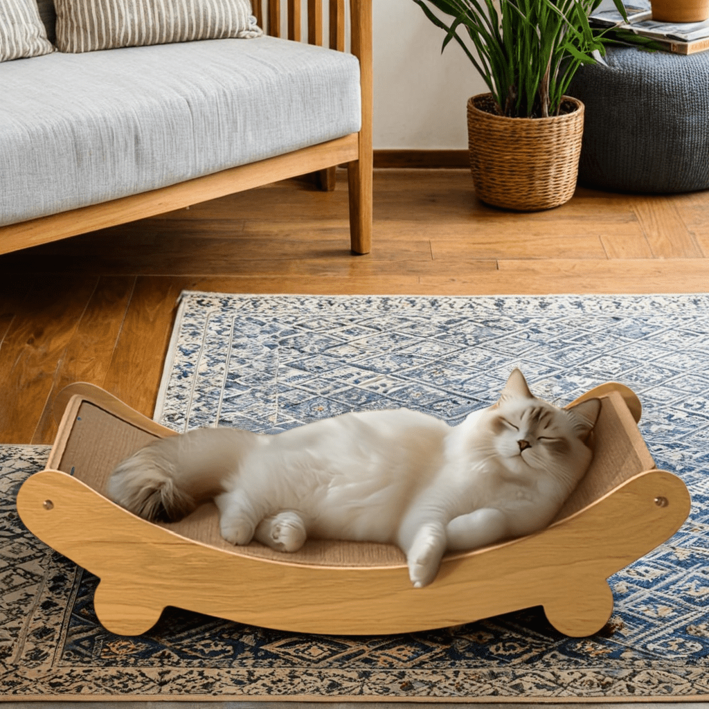 Space-saving wooden cat scratcher tower with natural wood finish and textured linen scratching post — view 4
