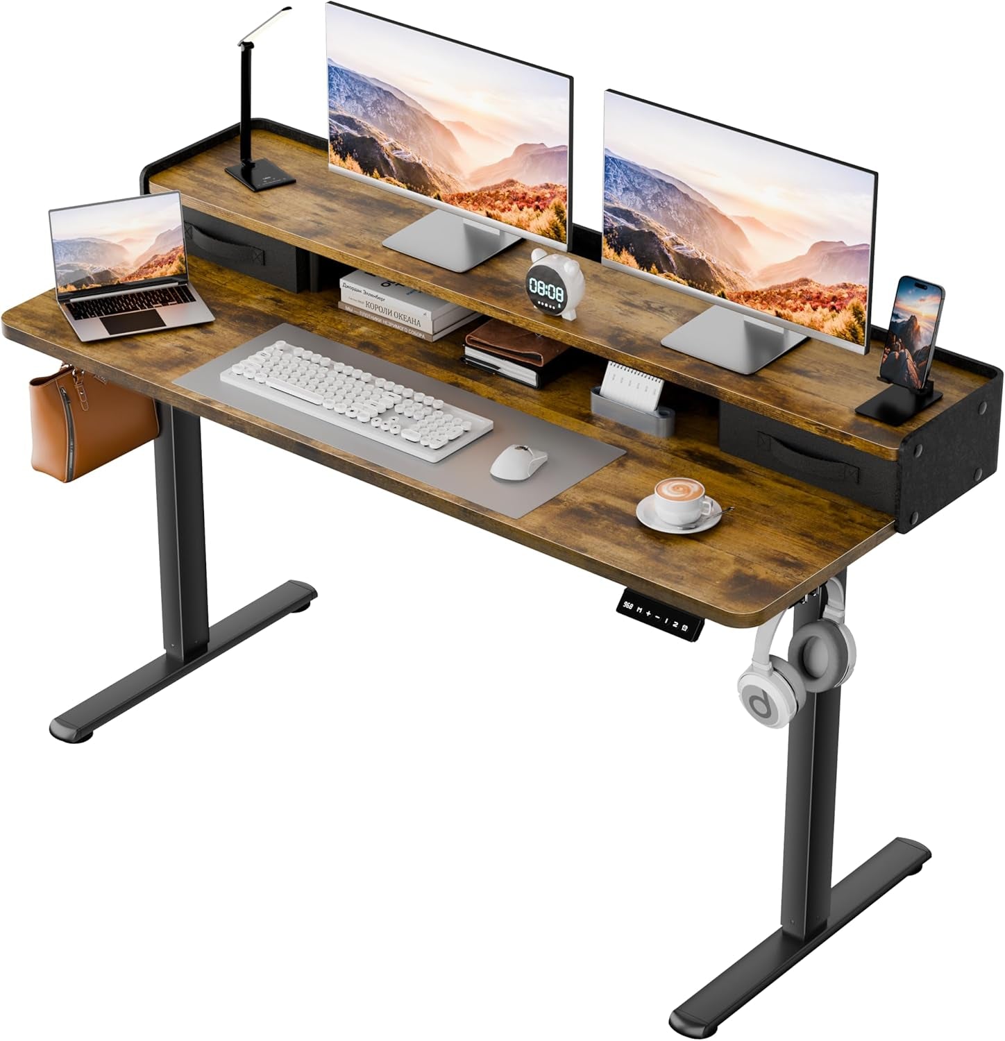 Electric adjustable standing desk with two drawers and control panel for ergonomic home office setups.