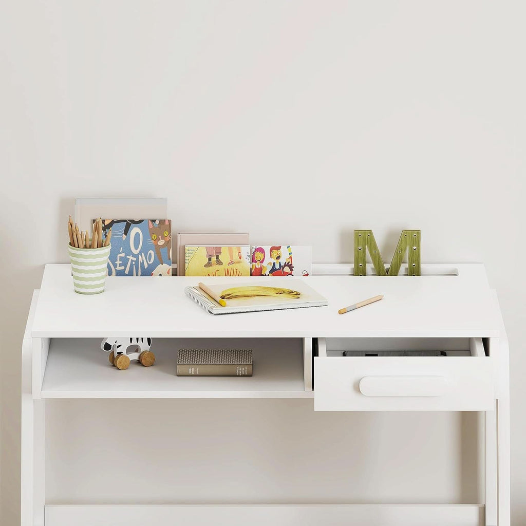 Wooden kids desk and chair set with storage drawers, open cubby, and ergonomic backrest — view 4