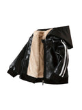 Boys casual hooded winter jacket with plush lining and front zipper closure for cold weather