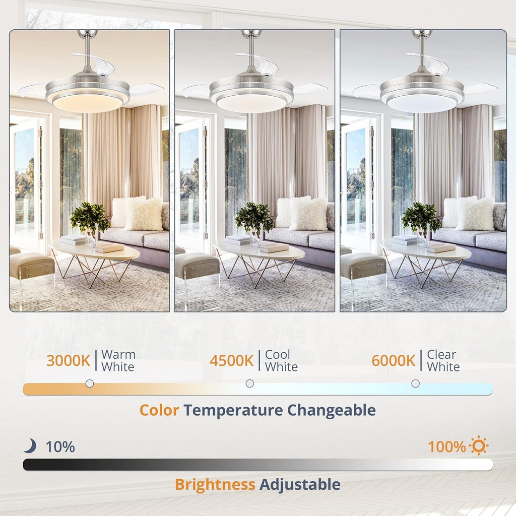 42 inch LED ceiling fan in brushed nickel with transparent retractable blades and light fixture — view 4