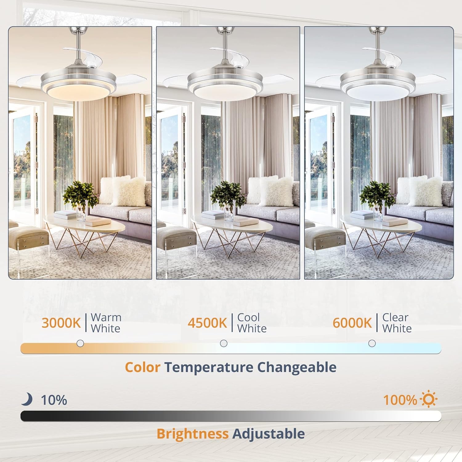 42 inch LED ceiling fan in brushed nickel with transparent retractable blades and light fixture — view 4