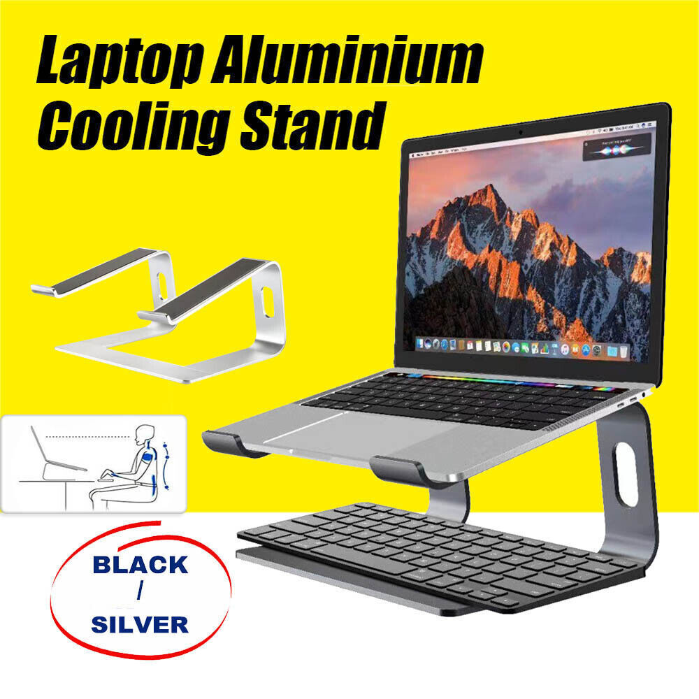 Silver aluminium ventilated laptop desk stand with anti-slip silicone pads and ergonomic design