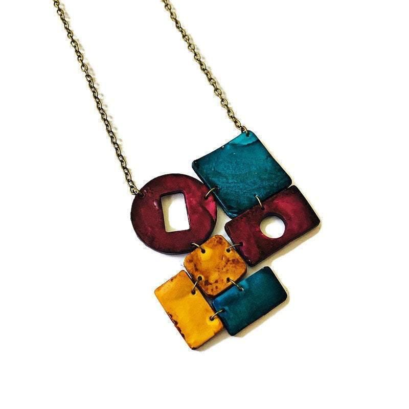 Geometric Statement Necklace, Maroon, Teal & Mustard Yellow, Handmade Polymer Clay-1