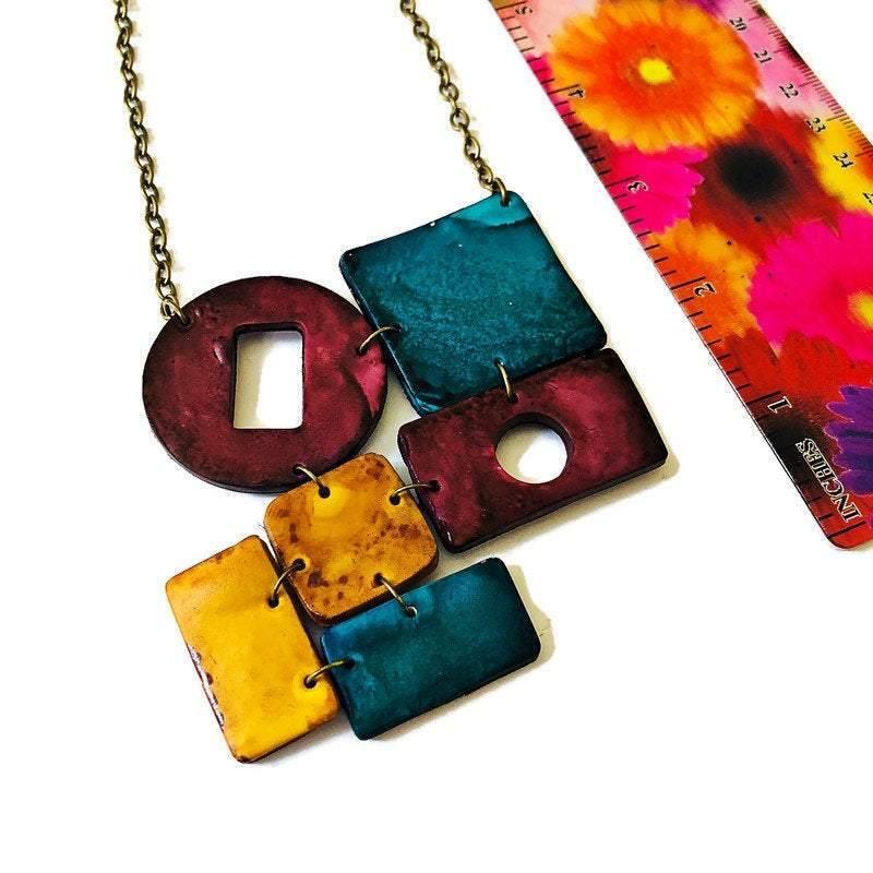 Geometric Statement Necklace, Maroon, Teal & Mustard Yellow, Handmade Polymer Clay-2