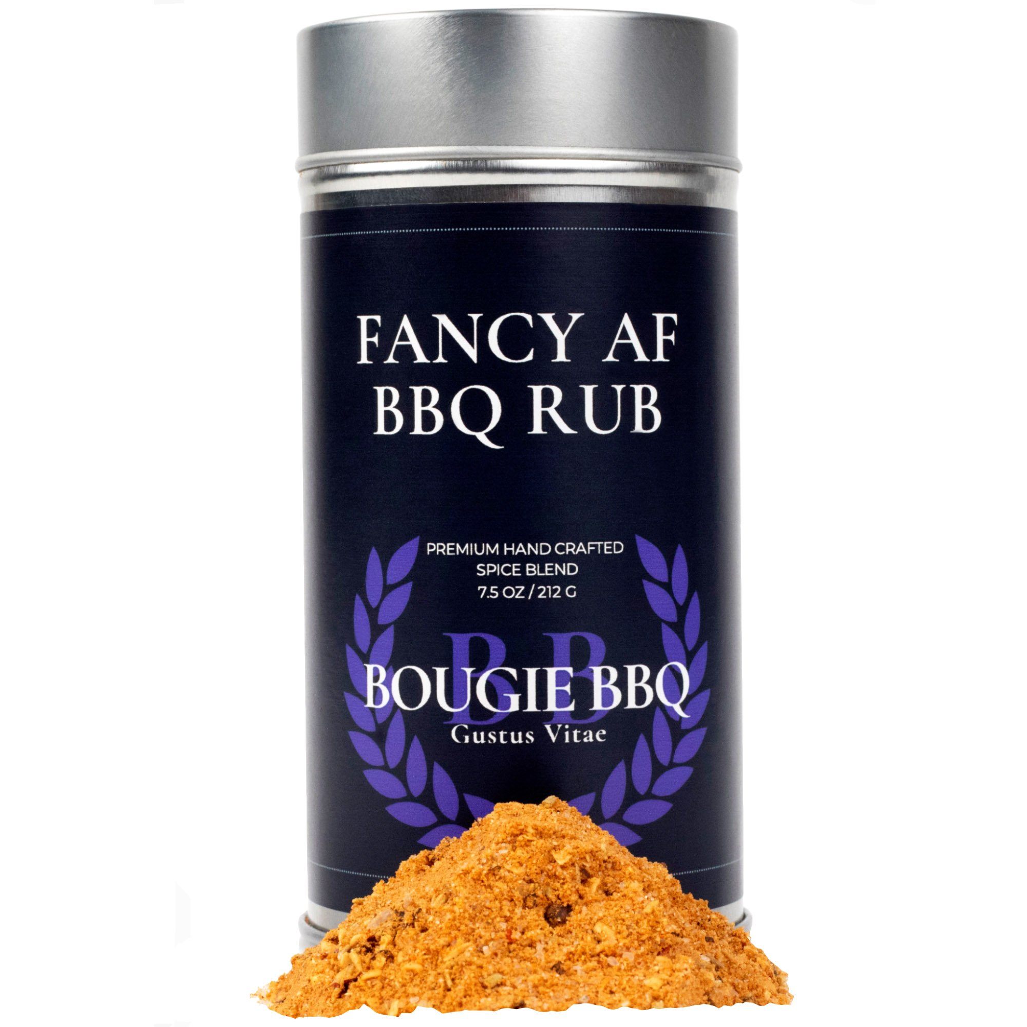 Fancy AF BBQ Rub tin featuring gourmet truffle and habanero artisanal seasoning blend