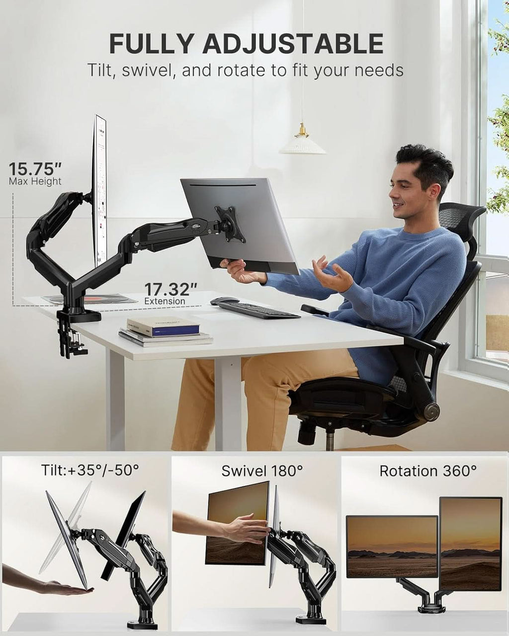 Adjustable dual monitor stand with gas spring arms attached to a wooden desk setup — view 3