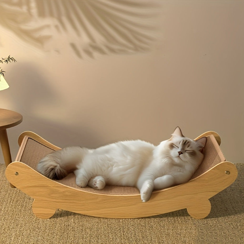 Space-saving wooden cat scratcher tower with natural wood finish and textured linen scratching post — view 2