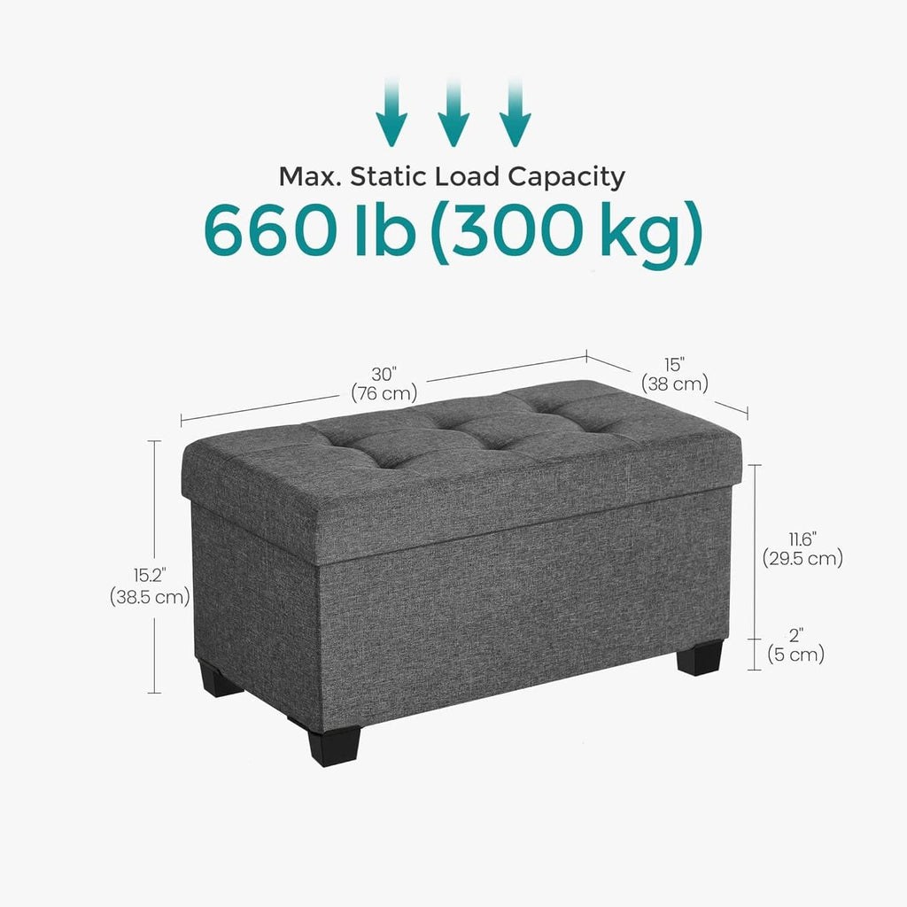 Slate gray storage ottoman bench in linen-look fabric with open lid showing hidden storage — view 3