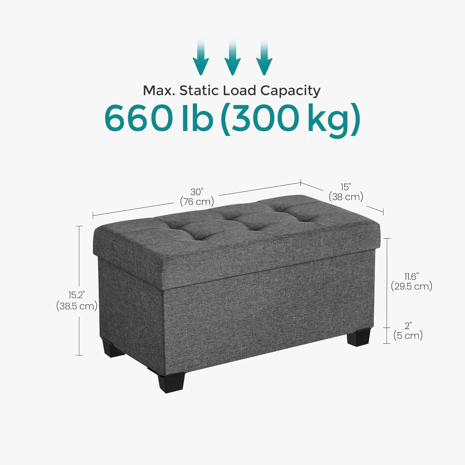 Slate gray storage ottoman bench in linen-look fabric with open lid showing hidden storage — view 3